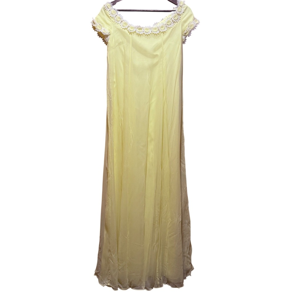 Vintage Sylvia Ann Yellow Chiffon Maxi Dress Daisy Lace Retro 70s Flowerchild 8